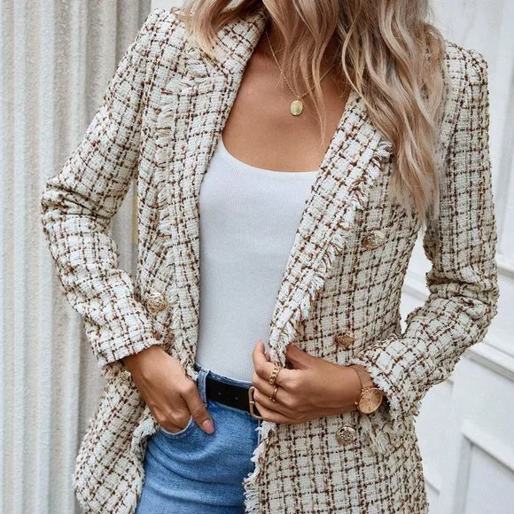 Multicolor Preppy Womens Plaid Pattern Raw Trim Lapel Collar Tweed Blazer - Picture 1 of 5